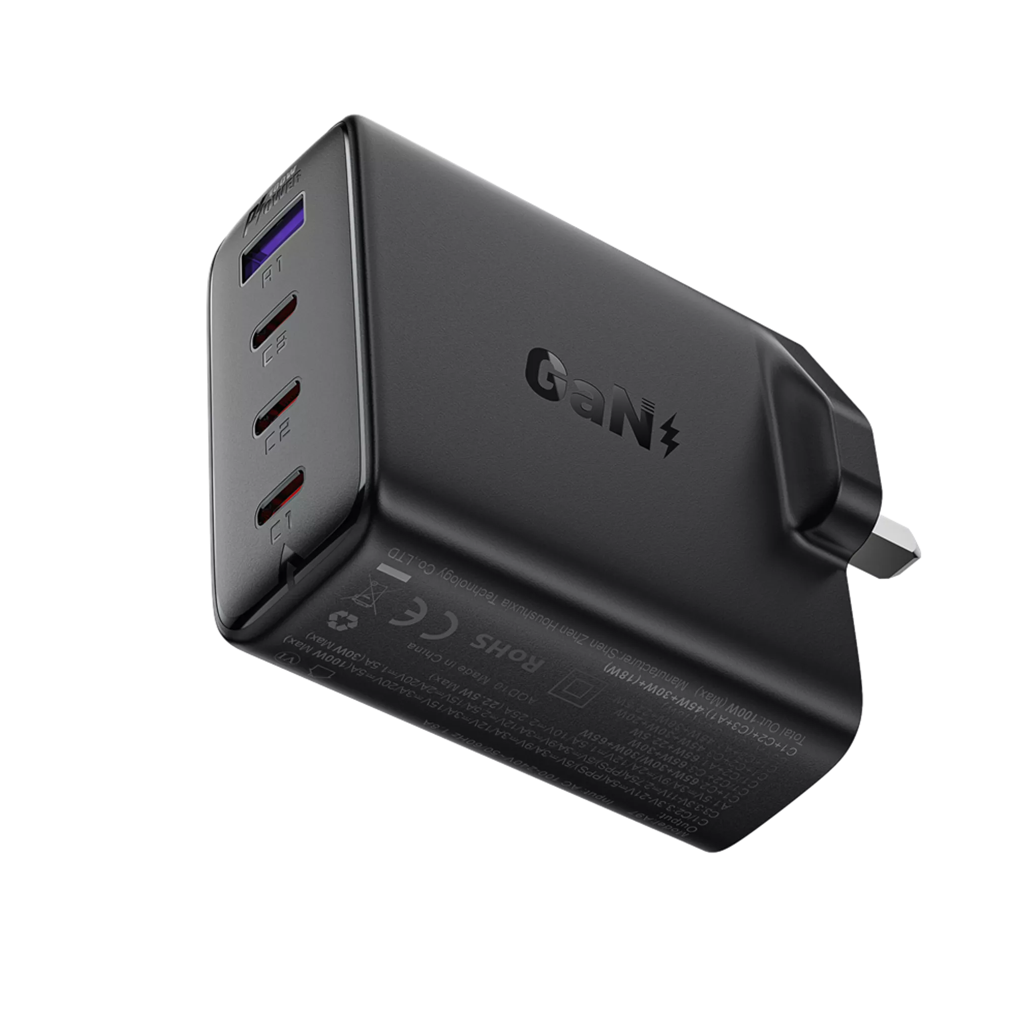 100W GaN Triple USB-C & USB Power Delivery 3-Pin UK Charging Plug