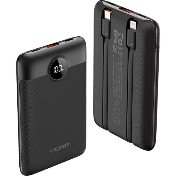 22.5W PD Digital Display Light Weight Powerbank With Built In Non-MFI Lightning & USB-C Cable
